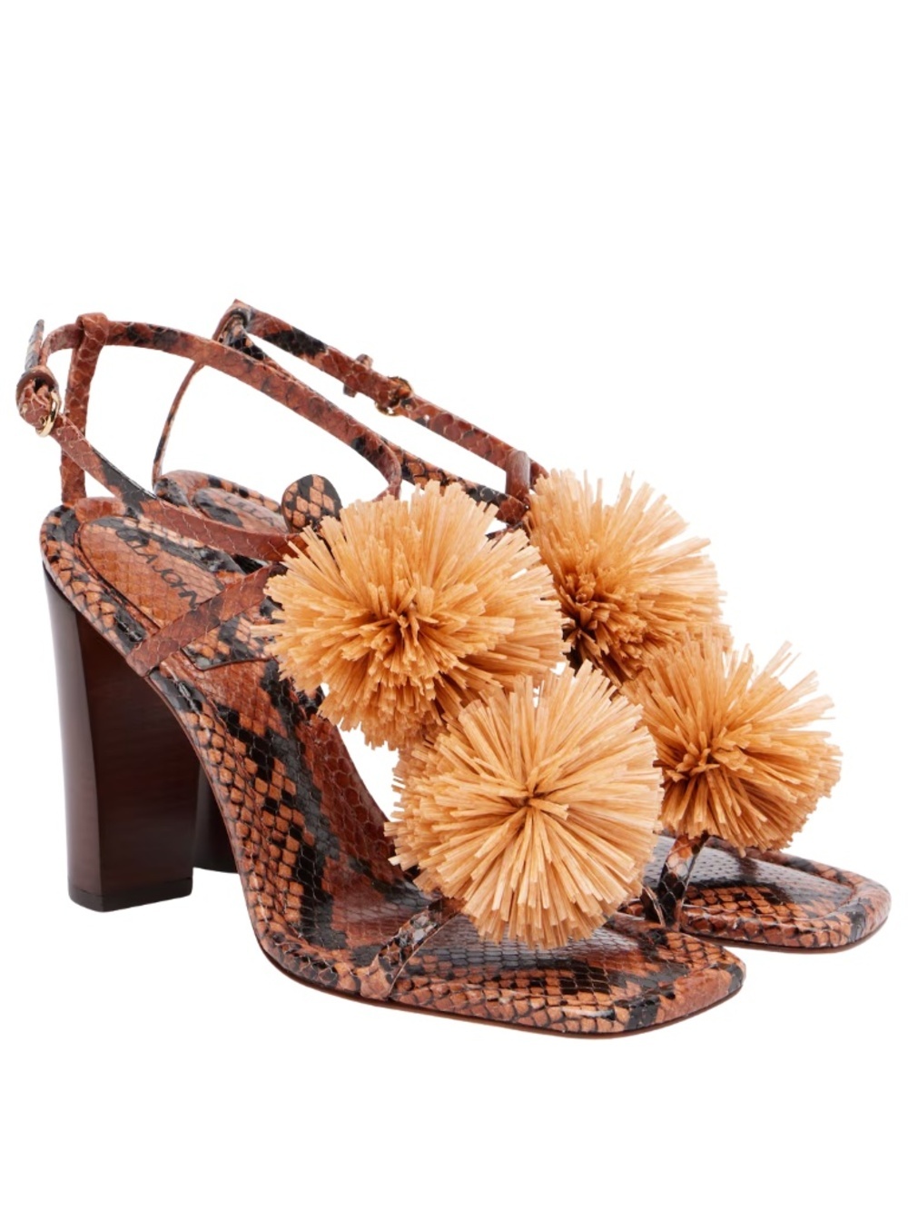 Ulla Johnson Isolde Raffia Flower Leather Heeled Sandals in Rust/Copper Python